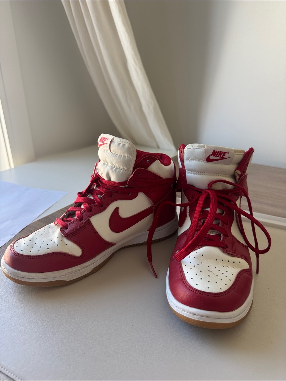 Nike Red and White Dunk High Top Sneakers